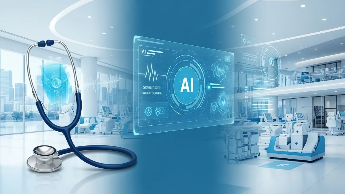 Struttura sanitaria moderna con stetoscopio e interfaccia olografica AI che mostra dashboard medici digitali, rappresentando l'implementazione dell'intelligenza artificiale nelle strutture sanitarie secondo l'AI Act europeo