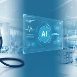 Struttura sanitaria moderna con stetoscopio e interfaccia olografica AI che mostra dashboard medici digitali, rappresentando l'implementazione dell'intelligenza artificiale nelle strutture sanitarie secondo l'AI Act europeo