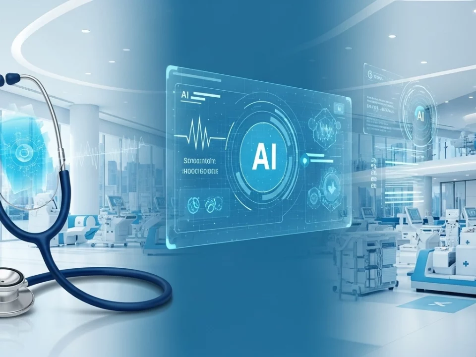 Struttura sanitaria moderna con stetoscopio e interfaccia olografica AI che mostra dashboard medici digitali, rappresentando l'implementazione dell'intelligenza artificiale nelle strutture sanitarie secondo l'AI Act europeo