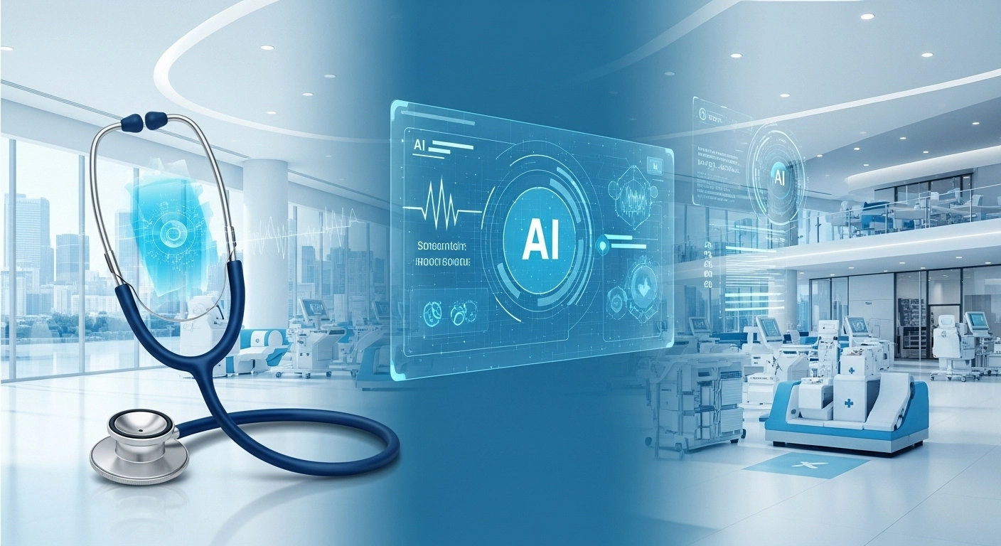 Struttura sanitaria moderna con interfaccia olografica AI per dashboard medici digitali