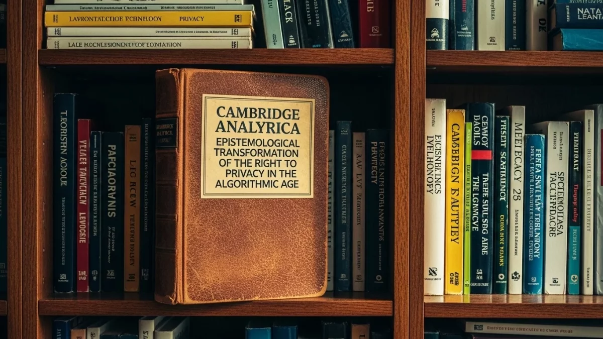 Libreria giuridica con focus sul volume Cambridge Analytica - Trasformazione Epistemologica del Diritto alla Privacy nell'Era Algoritmica, circondato da manuali di diritto privacy e protezione dati