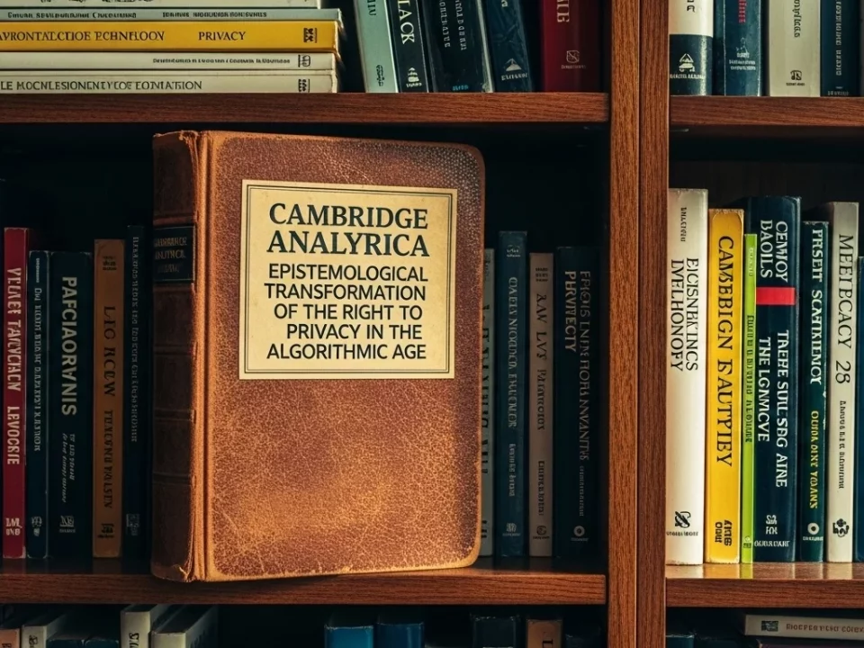 Libreria giuridica con focus sul volume Cambridge Analytica - Trasformazione Epistemologica del Diritto alla Privacy nell'Era Algoritmica, circondato da manuali di diritto privacy e protezione dati