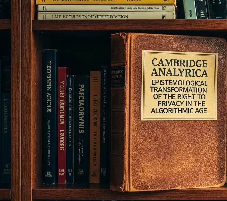 Libreria giuridica con focus sul volume Cambridge Analytica - Trasformazione Epistemologica del Diritto alla Privacy nell'Era Algoritmica, circondato da manuali di diritto privacy e protezione dati