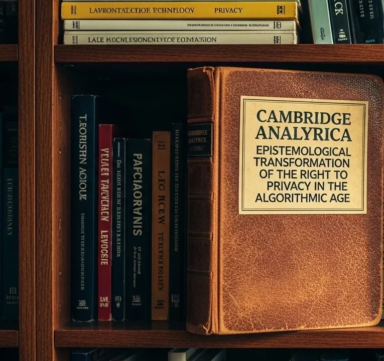 Libreria giuridica con focus sul volume Cambridge Analytica - Trasformazione Epistemologica del Diritto alla Privacy nell'Era Algoritmica, circondato da manuali di diritto privacy e protezione dati