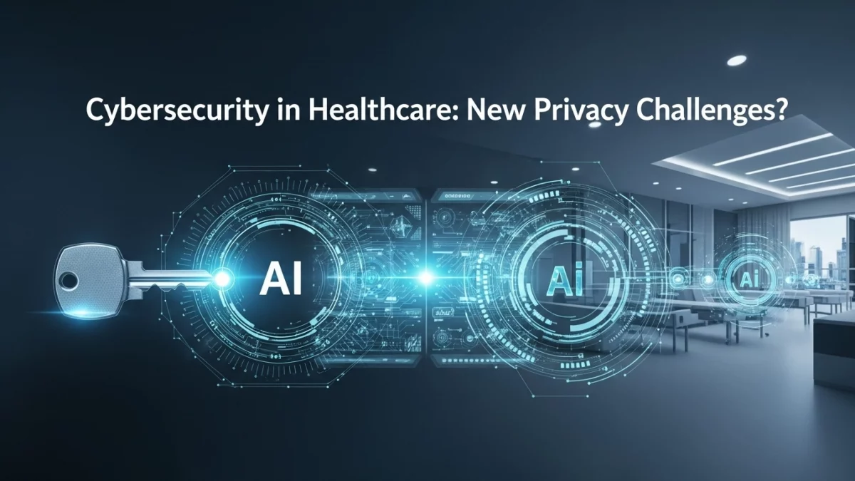 Chiave digitale con circuiti e icone 'AI' che simboleggiano la cybersecurity e l'intelligenza artificiale nel settore sanitario, con l'immagine di un moderno ufficio medico sullo sfondo. Rappresenta le sfide di privacy e la resilienza organizzativa.