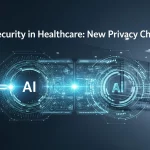 Chiave digitale con circuiti e icone 'AI' che simboleggiano la cybersecurity e l'intelligenza artificiale nel settore sanitario, con l'immagine di un moderno ufficio medico sullo sfondo. Rappresenta le sfide di privacy e la resilienza organizzativa.