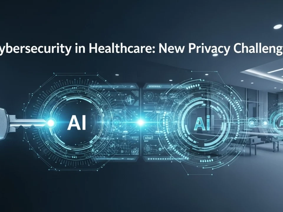 Chiave digitale con circuiti e icone 'AI' che simboleggiano la cybersecurity e l'intelligenza artificiale nel settore sanitario, con l'immagine di un moderno ufficio medico sullo sfondo. Rappresenta le sfide di privacy e la resilienza organizzativa.