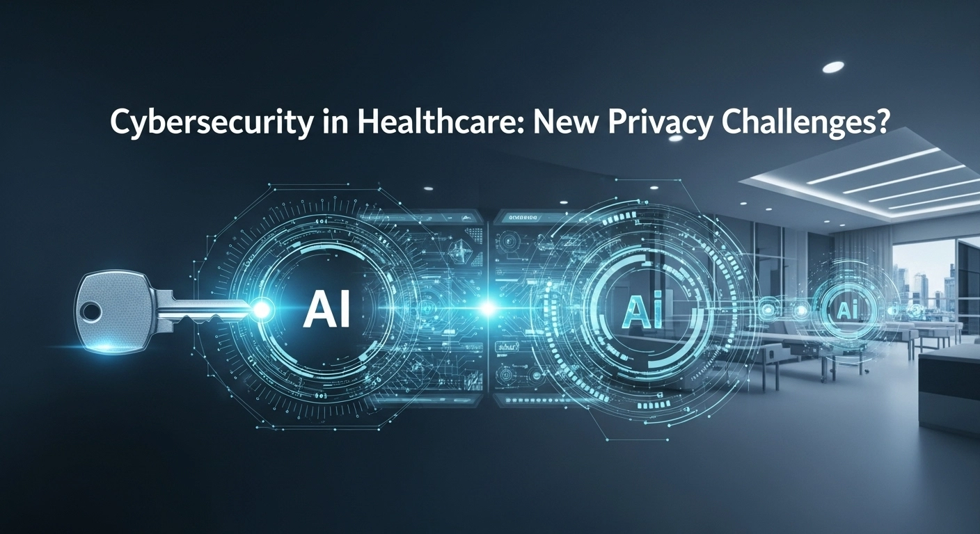 Chiave digitale con circuiti e icone AI su sfondo di ufficio medico moderno