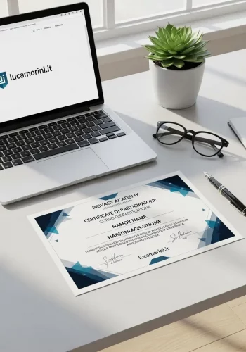 Mockup di una scrivania moderna con laptop che mostra lucamorini.it, una pianta, occhiali e un attestato di partecipazione al corso Cybersecurity della Privacy Academy.