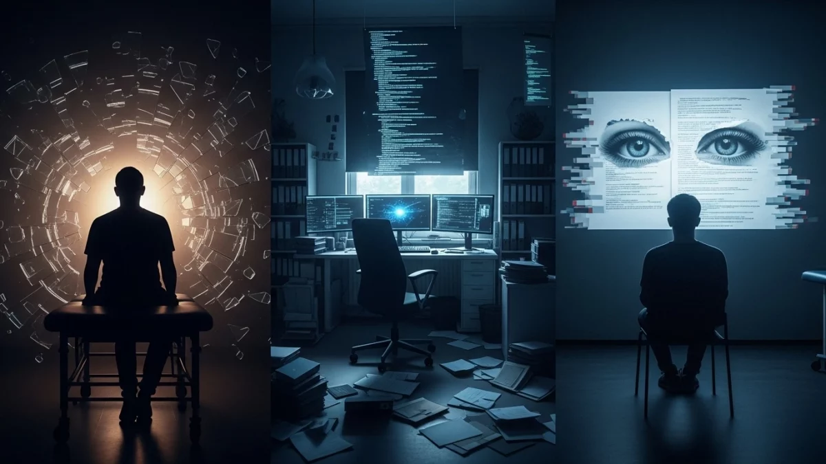 Tre pannelli raffiguranti un uomo in silhouette che osserva dati digitali, codice su schermi di computer e occhi umani proiettati su uno schermo, a simboleggiare la complessità e l'impatto di un data breach. Il contesto è quello della violazione Vastaamo e delle sue implicazioni.