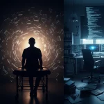 Tre pannelli raffiguranti un uomo in silhouette che osserva dati digitali, codice su schermi di computer e occhi umani proiettati su uno schermo, a simboleggiare la complessità e l'impatto di un data breach. Il contesto è quello della violazione Vastaamo e delle sue implicazioni.