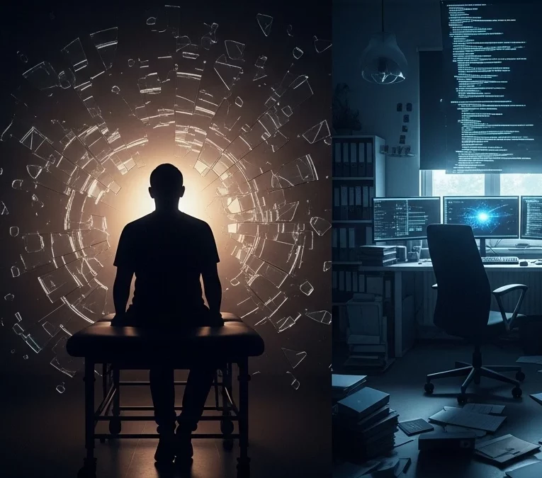 Tre pannelli raffiguranti un uomo in silhouette che osserva dati digitali, codice su schermi di computer e occhi umani proiettati su uno schermo, a simboleggiare la complessità e l'impatto di un data breach. Il contesto è quello della violazione Vastaamo e delle sue implicazioni.