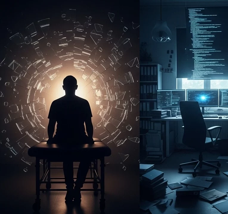 Tre pannelli raffiguranti un uomo in silhouette che osserva dati digitali, codice su schermi di computer e occhi umani proiettati su uno schermo, a simboleggiare la complessità e l'impatto di un data breach. Il contesto è quello della violazione Vastaamo e delle sue implicazioni.