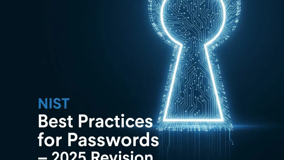 Copertina con un lucchetto stilizzato a forma di circuito stampato e il testo 'NIST Best Practices for Passwords – 2025 Revision'