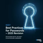 Copertina con un lucchetto stilizzato a forma di circuito stampato e il testo 'NIST Best Practices for Passwords – 2025 Revision'