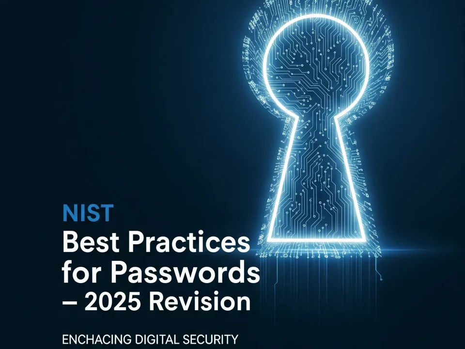 Copertina con un lucchetto stilizzato a forma di circuito stampato e il testo 'NIST Best Practices for Passwords – 2025 Revision'