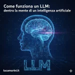 Rappresentazione concettuale di un Large Language Model (LLM) con rete neurale stilizzata all'interno di un profilo umano digitale, simbolo dell'architettura logica dell'intelligenza artificiale generativa.