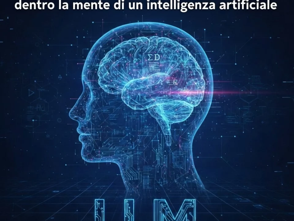 Rappresentazione concettuale di un Large Language Model (LLM) con rete neurale stilizzata all'interno di un profilo umano digitale, simbolo dell'architettura logica dell'intelligenza artificiale generativa.