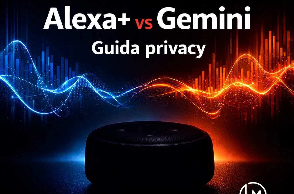 Confronto privacy tra Alexa+ e Gemini, due assistenti AI generativi per la casa - guida 2026. Immagine con sfondo nero, onde acustiche blu e rosse ai margini sinistro e destro. un dispositivo alexa al centro oscurato. Testo dell'immagine Alexa+ vs Gemini Guida privacy