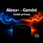 Confronto privacy tra Alexa+ e Gemini, due assistenti AI generativi per la casa - guida 2026. Immagine con sfondo nero, onde acustiche blu e rosse ai margini sinistro e destro. un dispositivo alexa al centro oscurato. Testo dell'immagine Alexa+ vs Gemini Guida privacy