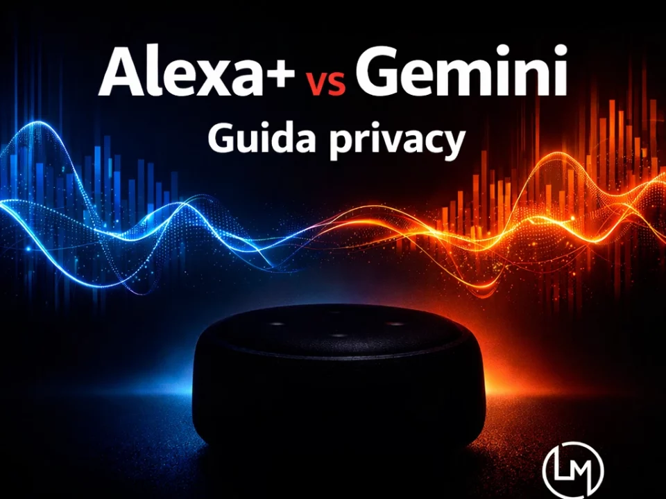 Confronto privacy tra Alexa+ e Gemini, due assistenti AI generativi per la casa - guida 2026. Immagine con sfondo nero, onde acustiche blu e rosse ai margini sinistro e destro. un dispositivo alexa al centro oscurato. Testo dell'immagine Alexa+ vs Gemini Guida privacy