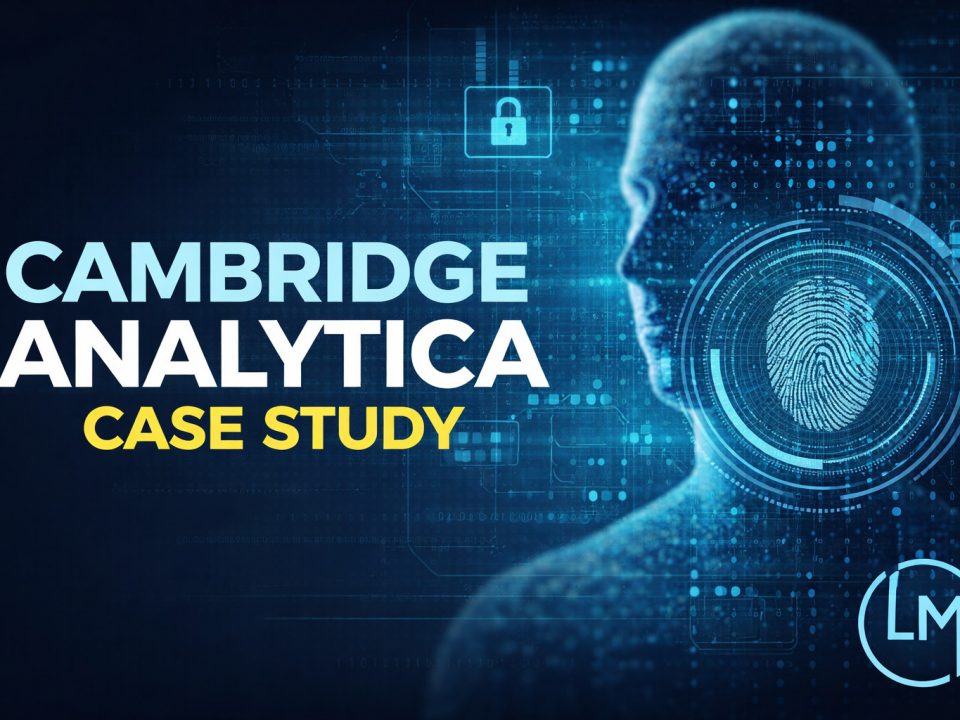 Schema visuale del caso Cambridge Analytica: pipeline di raccolta dati Facebook, profilazione psicometrica Big Five e risposta regolatoria europea GDPR, DSA, AI Act