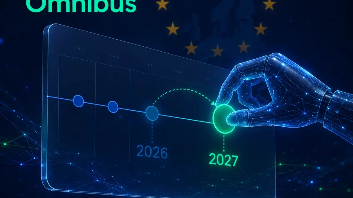 Calendario del Digital Omnibus AI Act con il rinvio degli obblighi per i sistemi ad alto rischio dal 2026 al 2027-2028, su sfondo blu con stelle UE