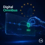 Calendario del Digital Omnibus AI Act con il rinvio degli obblighi per i sistemi ad alto rischio dal 2026 al 2027-2028, su sfondo blu con stelle UE