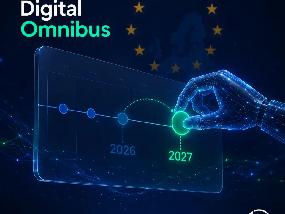 Calendario del Digital Omnibus AI Act con il rinvio degli obblighi per i sistemi ad alto rischio dal 2026 al 2027-2028, su sfondo blu con stelle UE