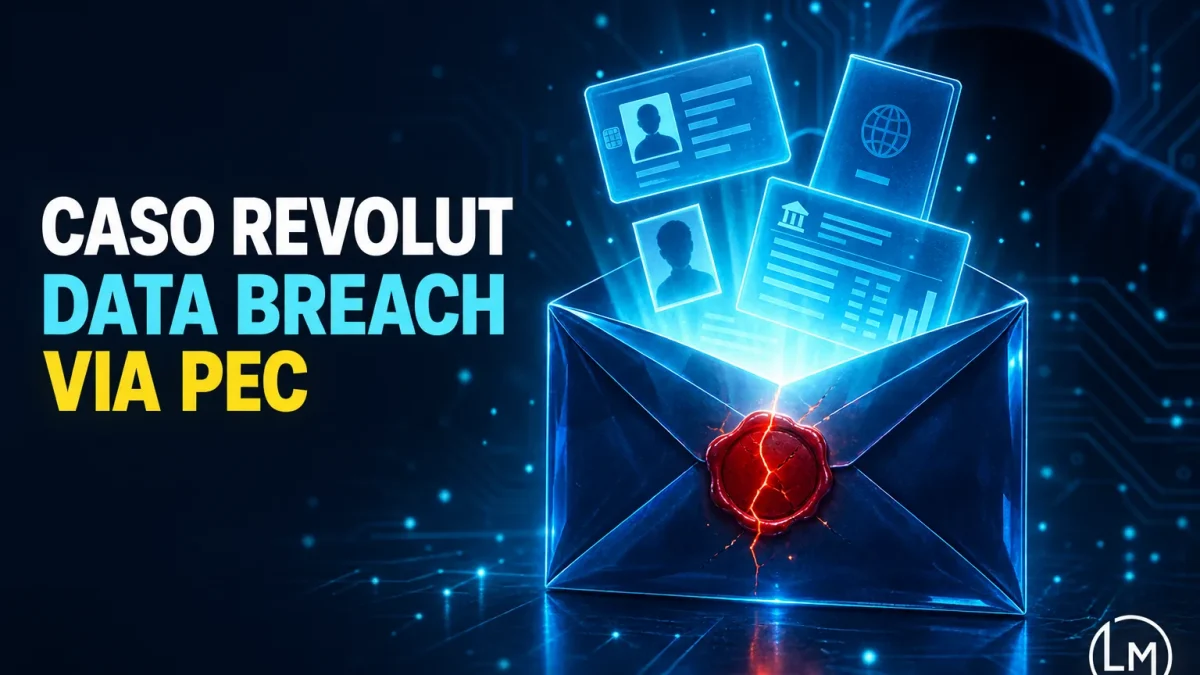 Busta di posta elettronica certificata con sigillo rosso spezzato da cui escono documenti d'identità ed estratti conto, copertina del case study sul data breach Revolut
