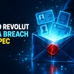 Busta di posta elettronica certificata con sigillo rosso spezzato da cui escono documenti d'identità ed estratti conto, copertina del case study sul data breach Revolut