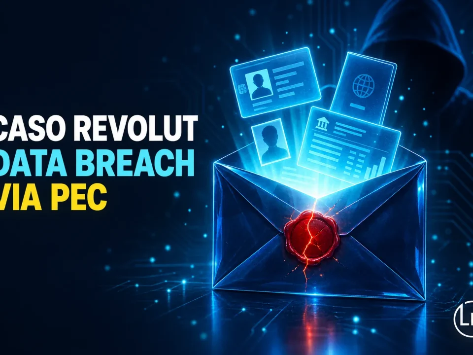 Busta di posta elettronica certificata con sigillo rosso spezzato da cui escono documenti d'identità ed estratti conto, copertina del case study sul data breach Revolut