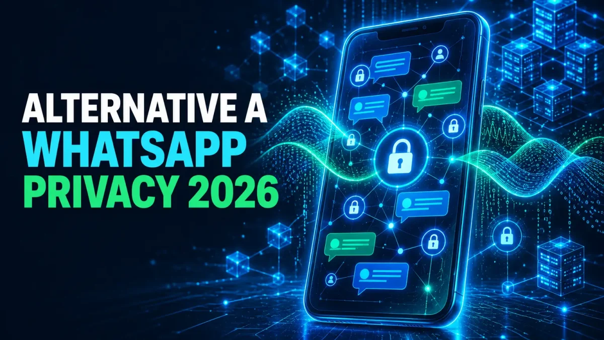Smartphone con chat protette da lucchetti e la scritta Alternative a WhatsApp Privacy 2026