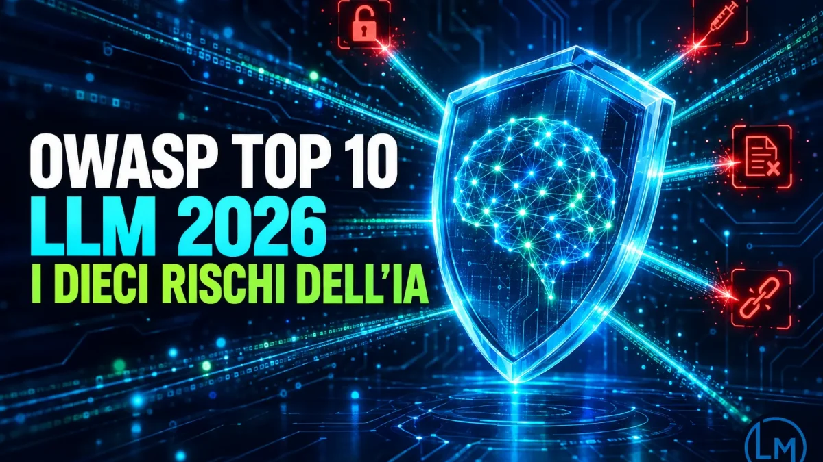 Scudo di vetro con un cervello digitale al centro e dieci fasci di luce verso icone di minaccia, con la scritta OWASP Top 10 LLM 2026, i dieci rischi dell'IA
