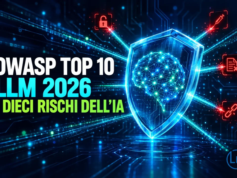 Scudo di vetro con un cervello digitale al centro e dieci fasci di luce verso icone di minaccia, con la scritta OWASP Top 10 LLM 2026, i dieci rischi dell'IA